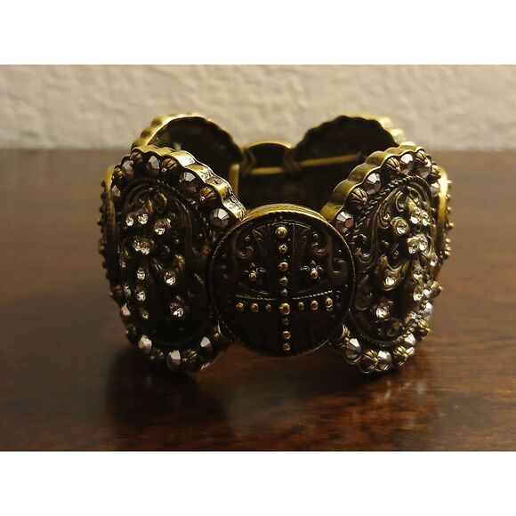 Vintage Cross Cowgirl Style Inspired Unusual Brass Panel BangleBracelet 8" #569 - Picture 6 of 13